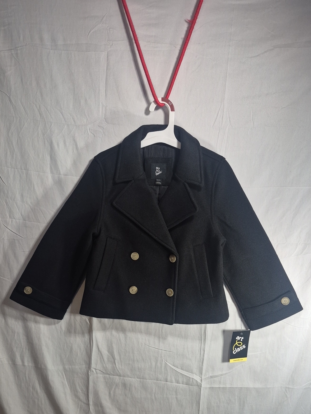 XL Kids Double-Breasted Black Peacoat